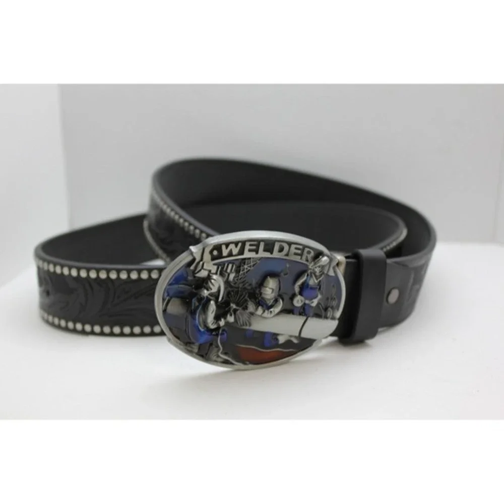 Welder Belt Buckle with Black Studded Floral Embossed Western Strap Mens